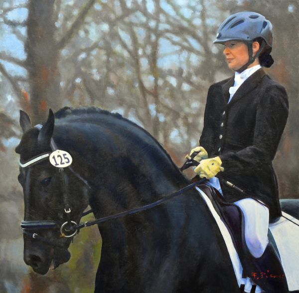Oil painting of a black show horse and its rider in a dressage competition.