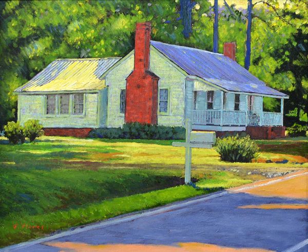Impressionistic oil painting of a white farm house by the roadside in eastern North Carolina.