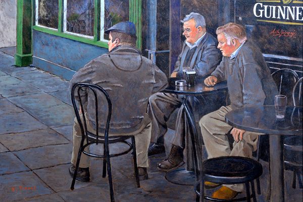Acrylic painting of three men having a Guinness in front of a pub in Ireland.