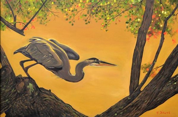 Oil painting of a great blue heron sitting on a branch and preparing to take off.