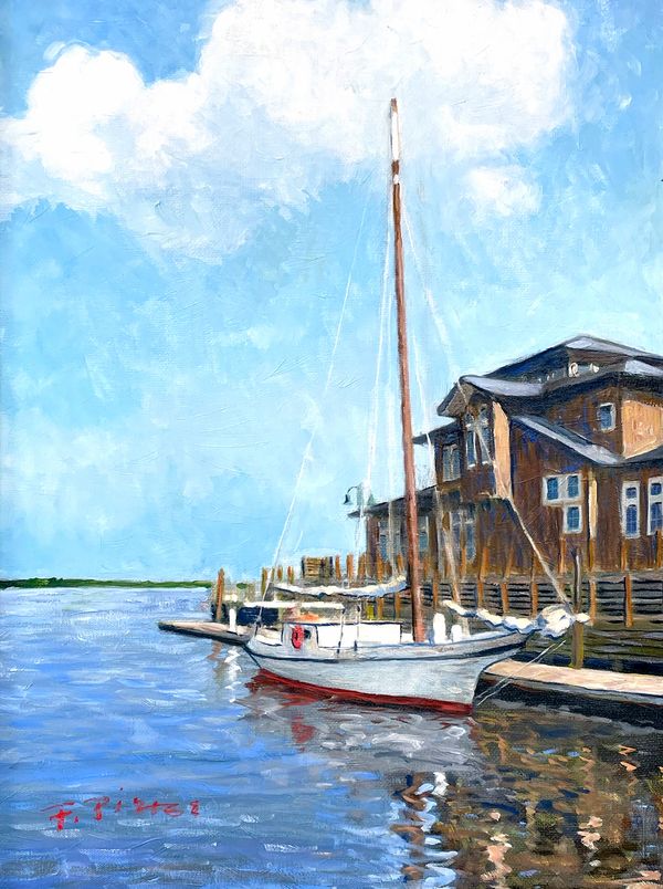 Impressionistic painting of a sailboat tethered to a dock on the Neuse River in New Bern, NC.