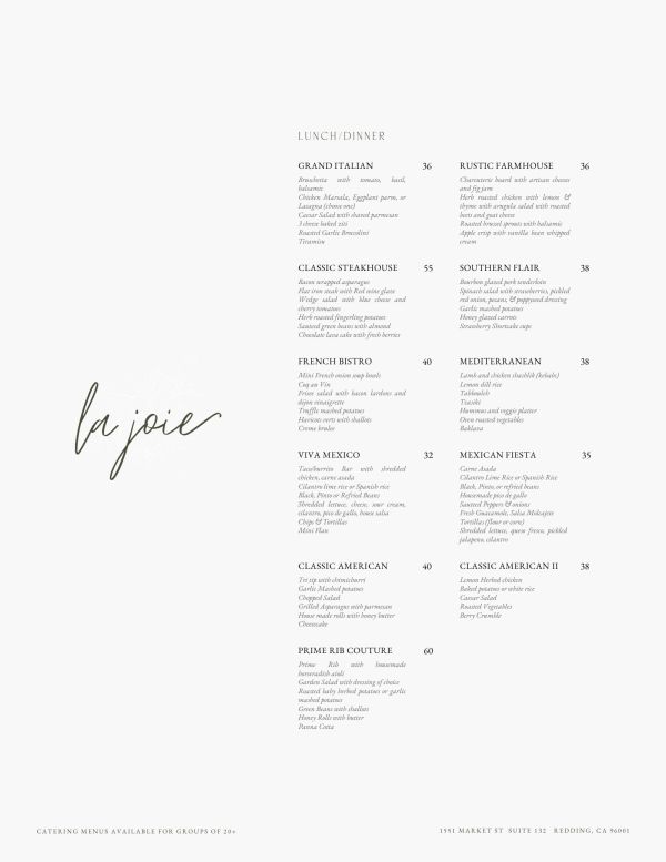 Elegant lunch/dinner menu from La Joie with categorized gourmet dishes.
