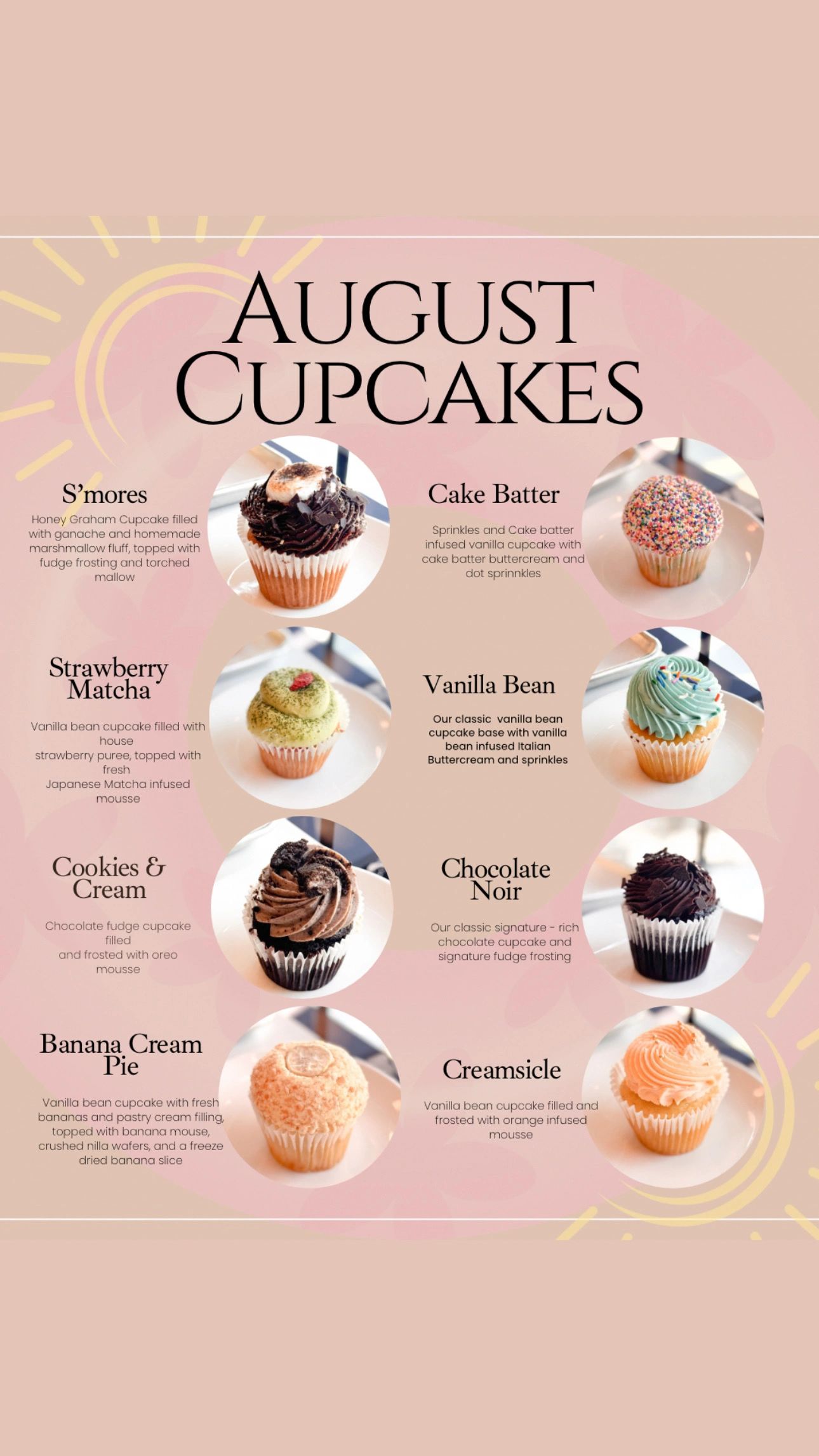 Menu of August cupcakes with various flavors and descriptions.