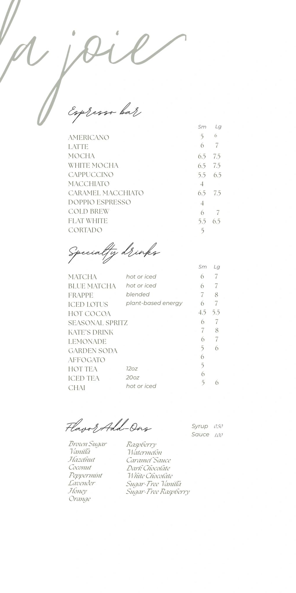 Espresso & Tea Menu