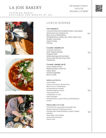 La Joie Bakery catering menu with diverse lunch/dinner options and prices.