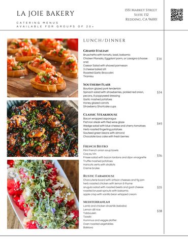 La Joie Bakery lunch/dinner menu with diverse meal options and prices.