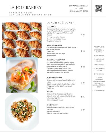 La Joie Bakery lunch catering menu with elegant, Mediterranean, American, business, bistro, and Thai fusion options.