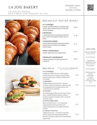 La Joie Bakery catering menu featuring breakfast pastry boxes and brunch options.