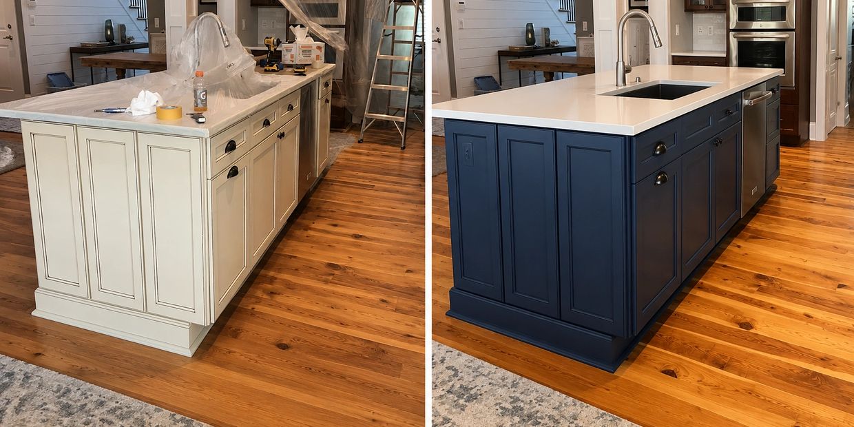 This Charleston kitchen island was professionally refinished from an outdated cream finish to a mode