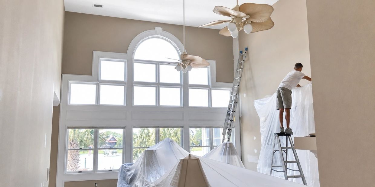 Man painting a large wall in a bright living room.