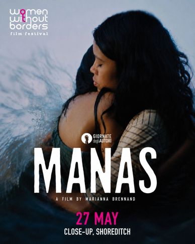 Two women embracing, promoting the film MANAS at Women Without Borders festival.