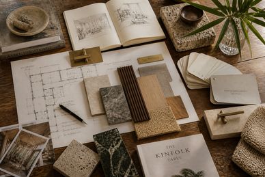 A workspace with architectural plans and material samples arranged on a wooden table.