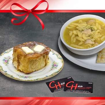 Caramel Roll, Bowl of Chicken Noodle Soup and gift cards. Big gift package 