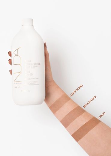 Nuda's Coco, rapid spray tan. With colour swatches from rapid solutions, Cappuccino, Milkshake, Coco