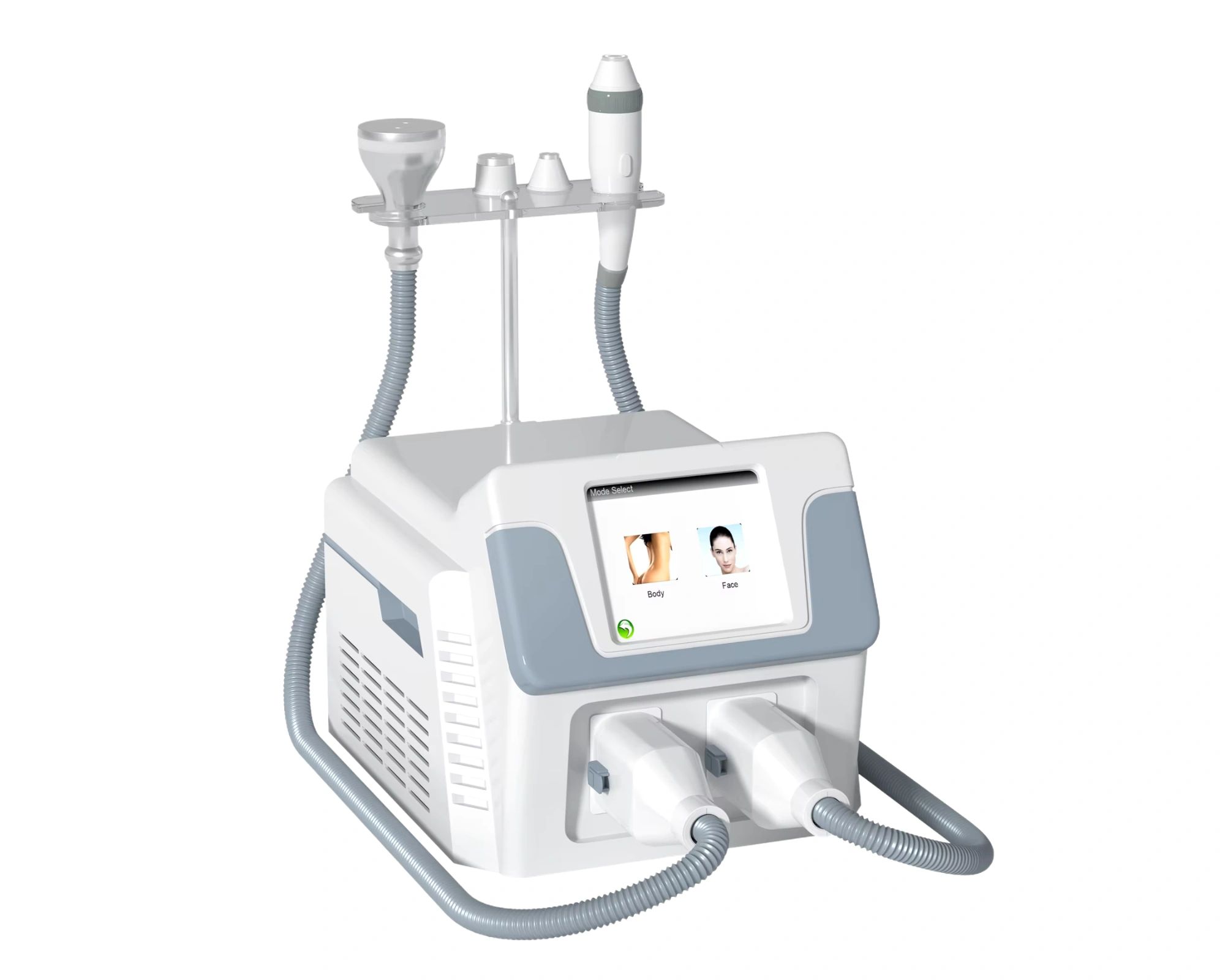 Cryo Aesthetic medical device with screen and handpieces for body and face treatments.
