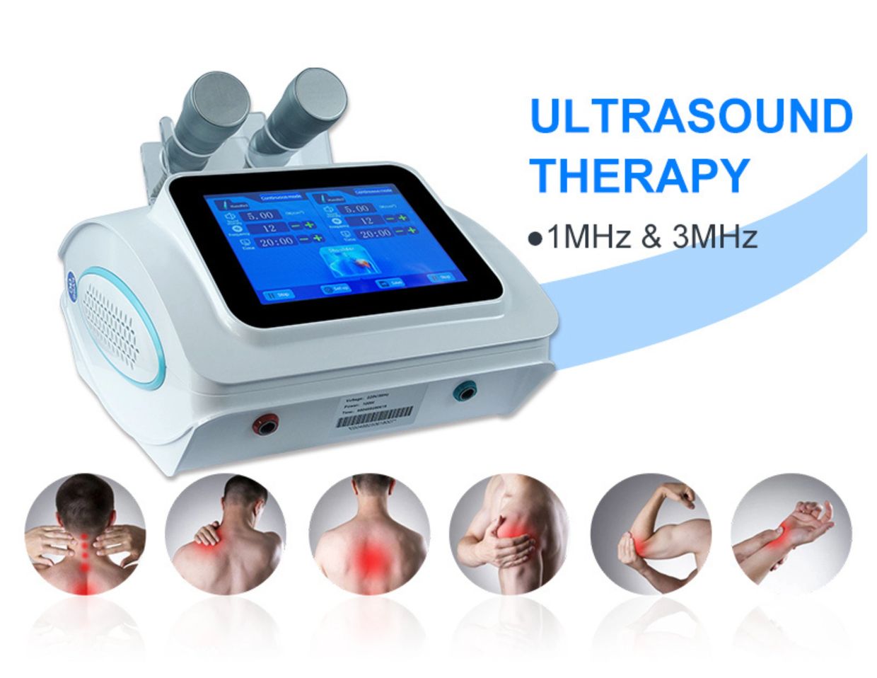 Ultrasound therapy device for pain relief at 1MHz and 3MHz frequencies.