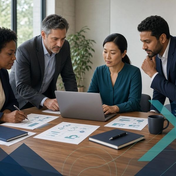 Diverse group collaborating over business charts and laptop.