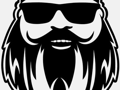 Stylized black and white bearded face with sunglasses.