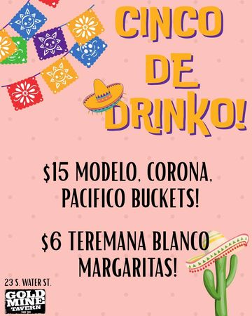 Festive Cinco de Drinko drink specials with sombrero and colorful flags.