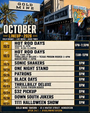 October 2026 live music lineup at Gold Mine Tavern, Henderson: Hot Rod Days and Halloween.