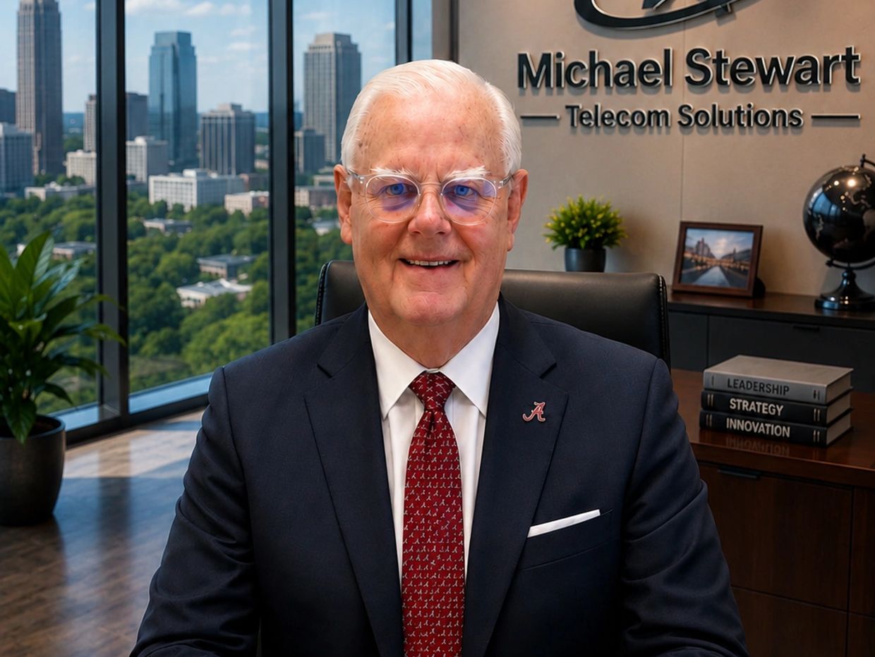 Smiling businessman in an office with city view.
