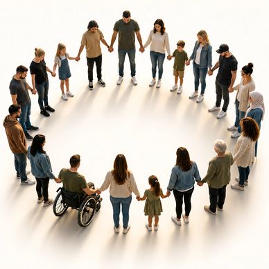 Diverse people holding hands in a circle.