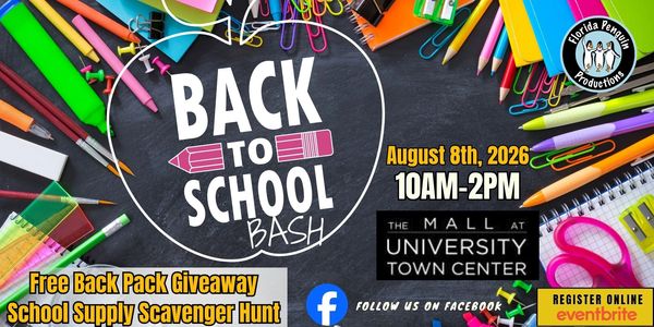 Back to School Bash event with free backpacks and scavenger hunt on August 8, 2026.