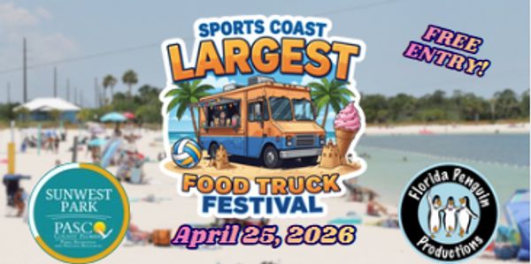 Advertisement for the Sports Coast Largest Food Truck Festival on April 25, 2026, with free entry.