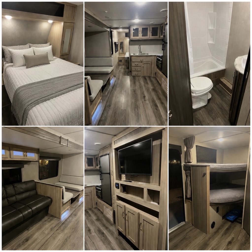 Interior views of a modern RV with bedroom, kitchen, bathroom, and living areas.