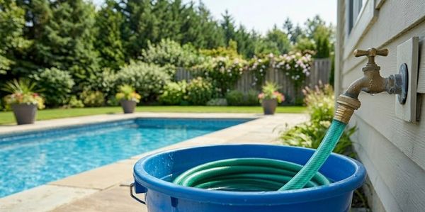 A garden hose in blue bucket near a backyard swimming pool.