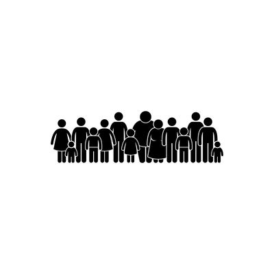 Silhouettes of a large family group with adults and children.