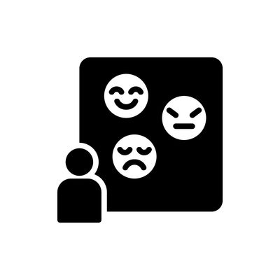 Person observing three emoji faces showing different emotions on a board.