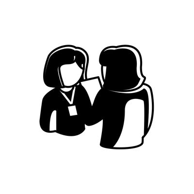 Two faceless women in conversation, one holding a clipboard.