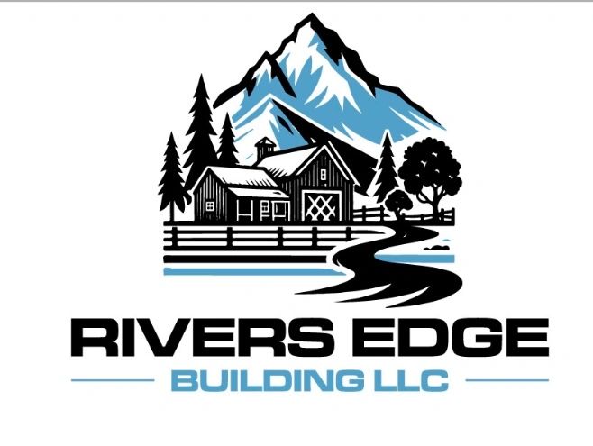 A house in front of a mountain, with a river flowing by. Blue, black and white tones.