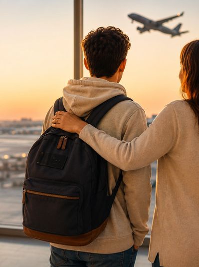 Casal observa avião decolando ao pôr do sol no aeroporto.