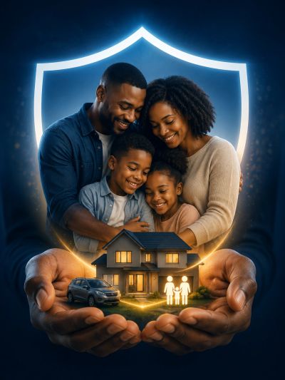 Family protected under shield with house and car.