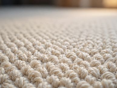Close-up of beige textured carpet fibers.