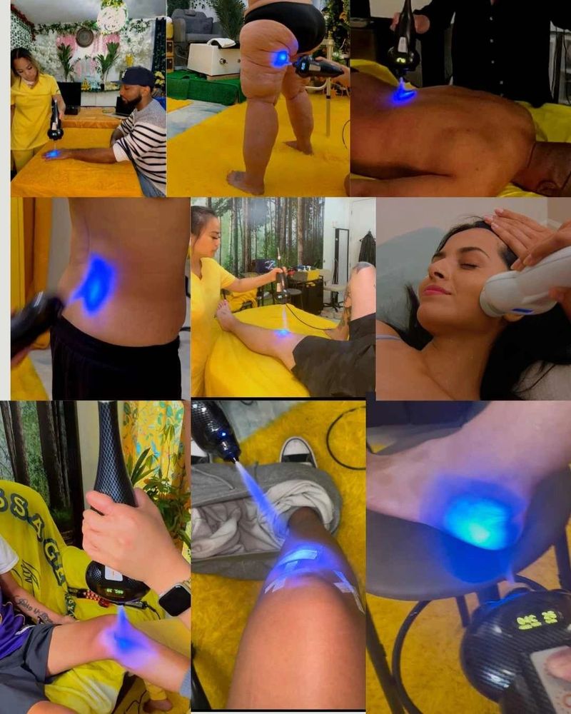 Various body parts undergoing blue light therapy treatment by a professional.
