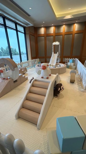 Indoor soft play area with animal-themed climbing and sliding equipment.
