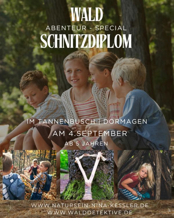 Kinder erleben Abenteuer im Wald und schnitzen zusammen.
