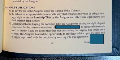Contract section defining assignee's obligations regarding Lordship Title.