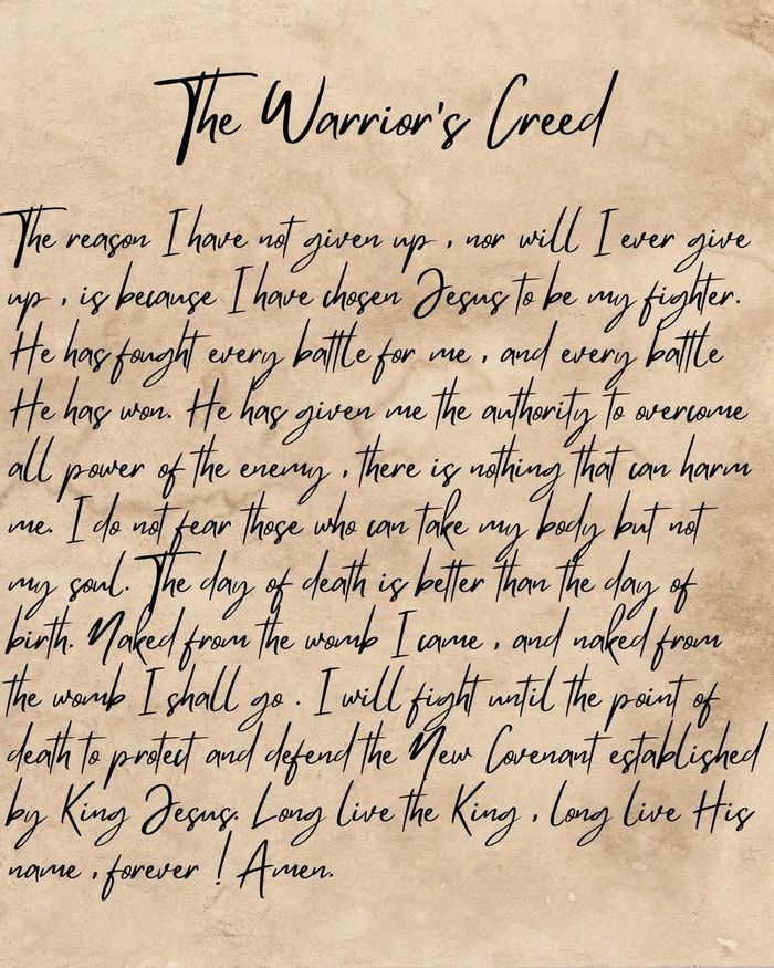 Handwritten text titled 'The Warrior's Creed' expressing faith and determination in Jesus.