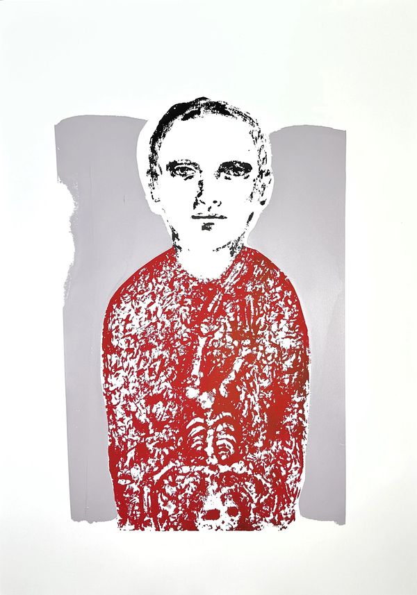 Abstract portrait of a person with a red textured torso and a detailed black and white face.