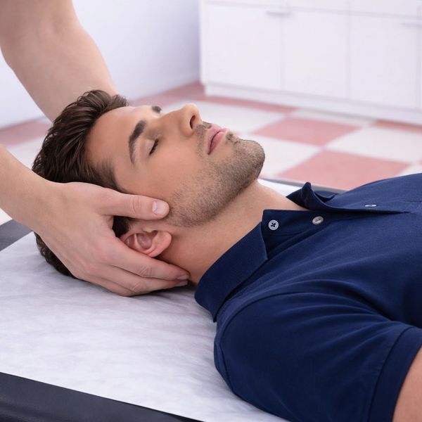 A man receiving a gentle neck massage while lying down.