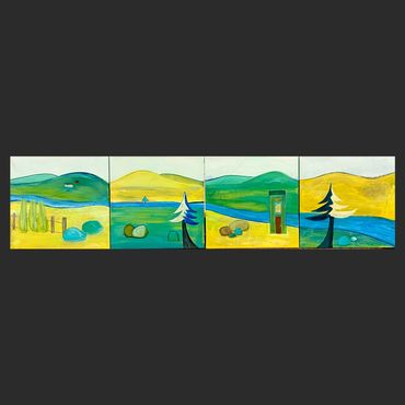 RIVER RUNS THROUGH is four 12x12" paintings collectively measuring 48x12", 1.5" deep gallery wrap ca