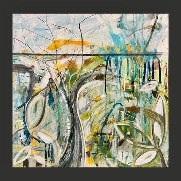 WITH EACH NEW BLOOM is acrylic with mixed-media, 24x24" 1.5" deep gallery-wrap canvas