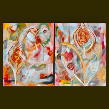 FROM BLOOM TO LEAF is a 48x30" diptych, acrylic with mixed media.