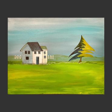 A TREE IN THE VALLEY is 20x16" 1.5" deep stretched canvas. Acrylic with mixed media.