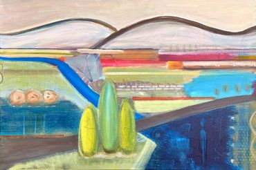 Landscape Tapestry is acrylic with mixed media—36x24" gallery wrap canvas.