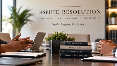 Two people in a dispute resolution meeting with books on negotiation and mediation.